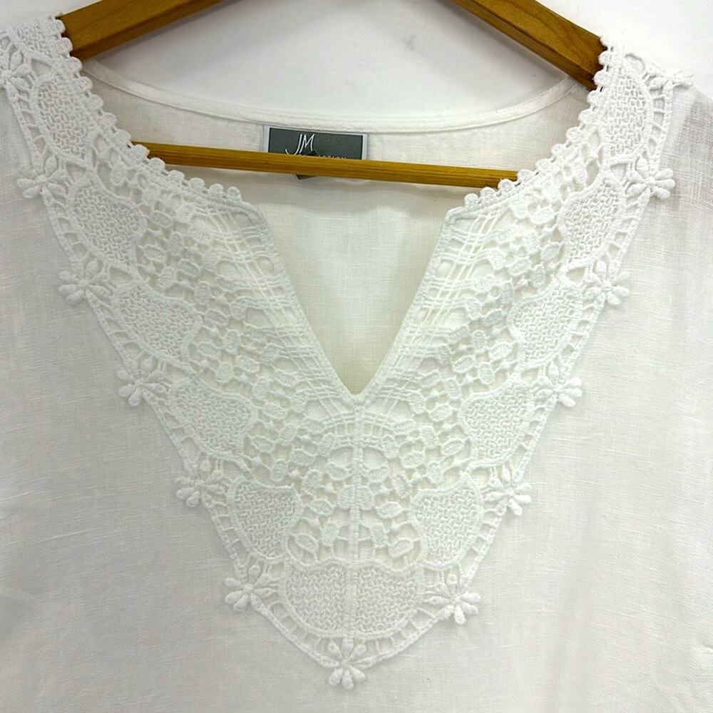 Jm Collection White 100% Linen Popover Top With Lace Croch Details Size M View 3